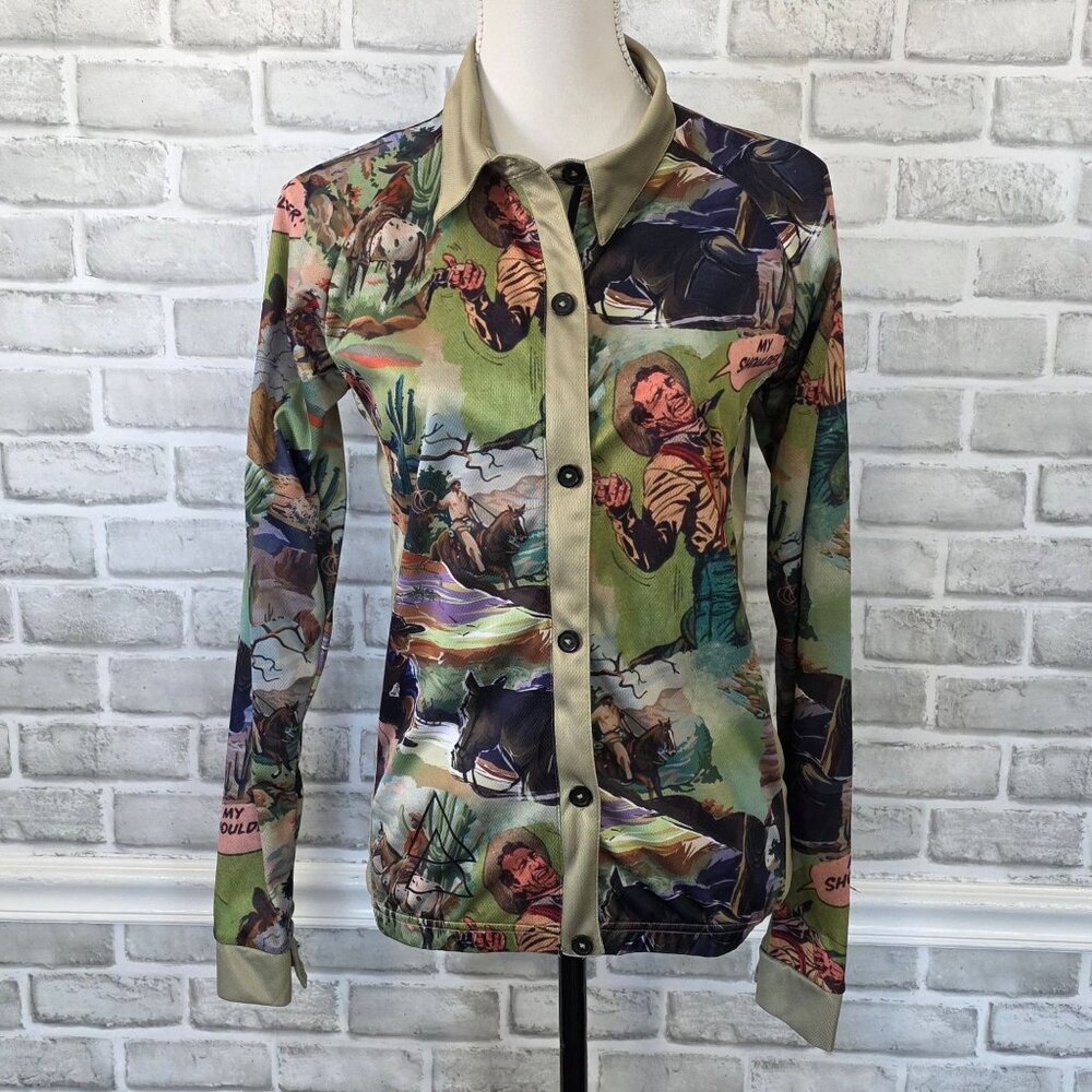Women's Printed Button-Front Long-Sleeve Top in Olive Green - Picture 7 of 7